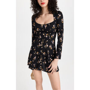 Reformation 'Indira' Black Floral Print Cut Out Long Sleeve Mini Dress Size 10